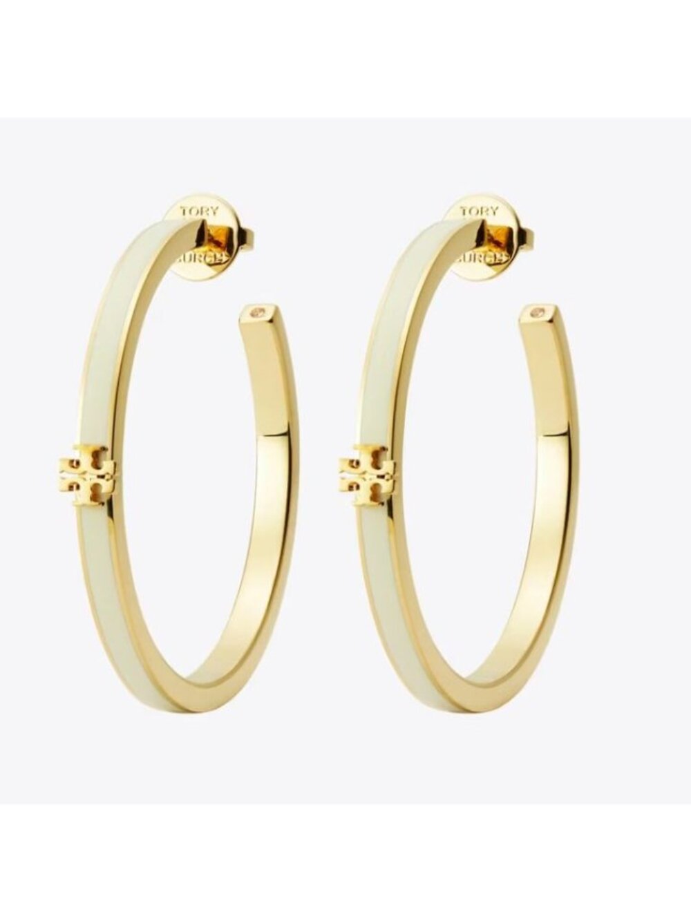 TORY BURCH WHITE AND GOLD KIRA ENAMEL HOOP EARRINGS - Picture 2 of 7